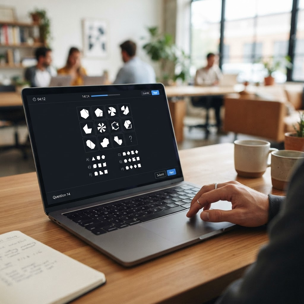 A laptop screen showing abstract shape-pattern reasoning puzzles, the on-screen format of an aptitude test.