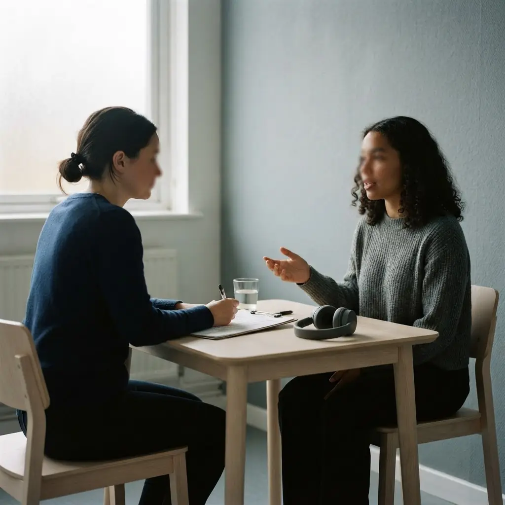 Two people in a face-to-face conversation across a small table, the format of the IELTS Speaking test.