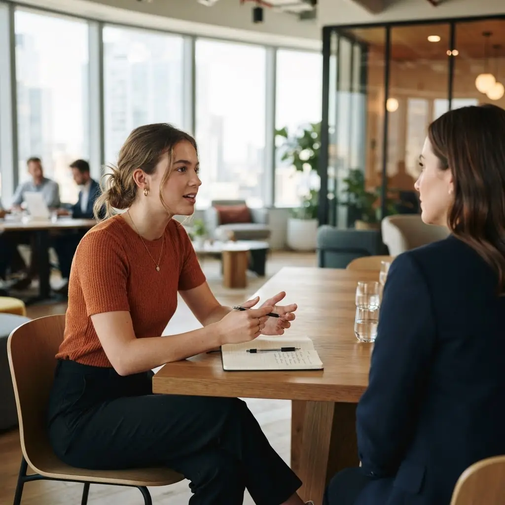 Two people in conversation across a table in an office setting, the format of a job interview.