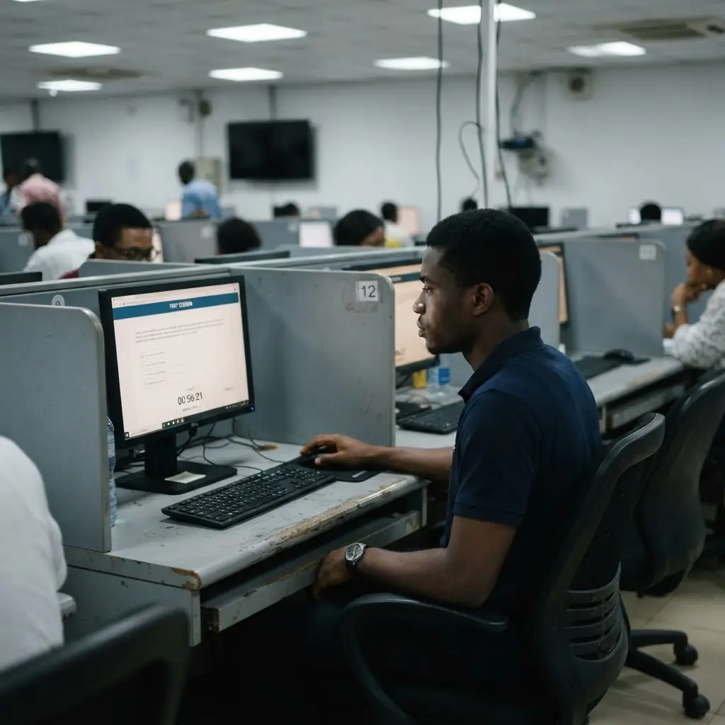 A row of individual computer-based test cubicles, the CBT format UTME is sat in.