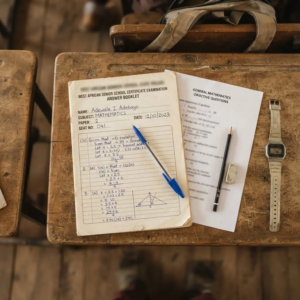 A lined answer booklet and objective question paper on a desk, the paper-based format NECO papers are sat in.