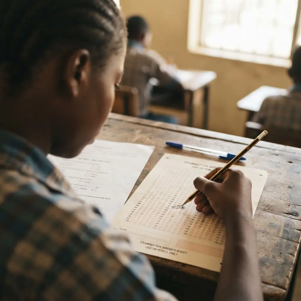 A candidate shading an OMR answer sheet with a 2B pencil beside an objective question paper, the paper-based format WAEC papers are sat in.