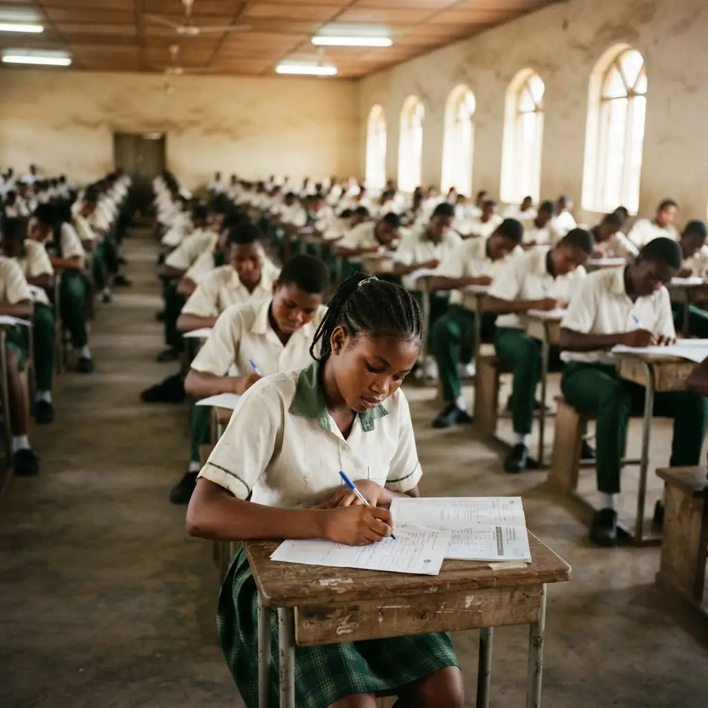 Students seated in rows in a school exam hall, heads down, writing answers on paper.