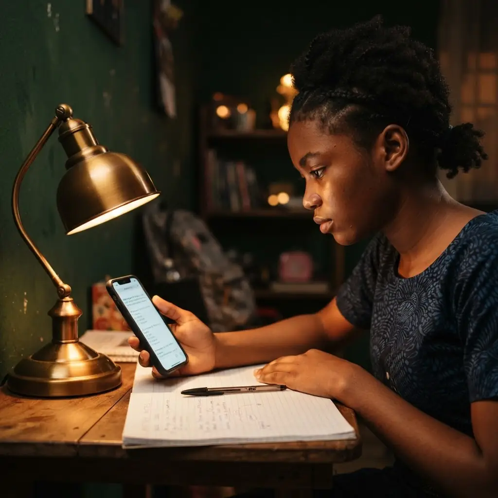 A student studying at night by lamplight, checking a practice exam on their phone.