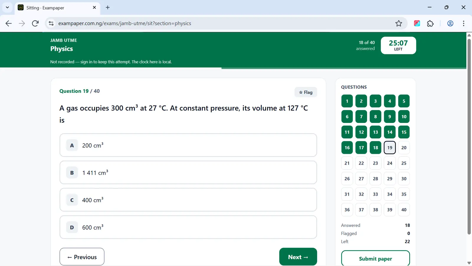 A JAMB UTME Physics practice paper mid-attempt: question 19 of 40 asks for the volume of a gas at constant pressure, with four options A to D. The panel on the right shows 18 of 40 answered and 25:07 left on the clock.