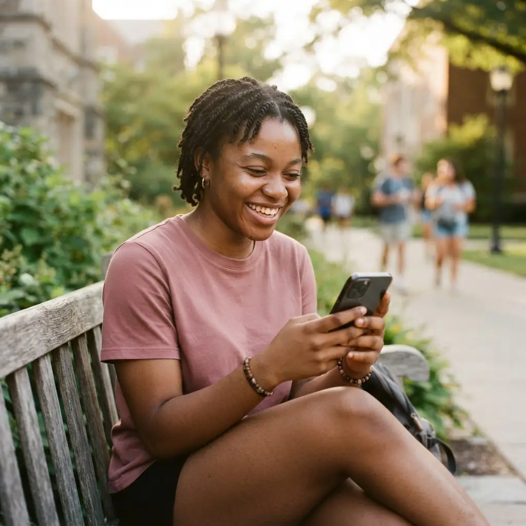 A young woman sitting outdoors, smiling with relief as she checks a result on her phone.
